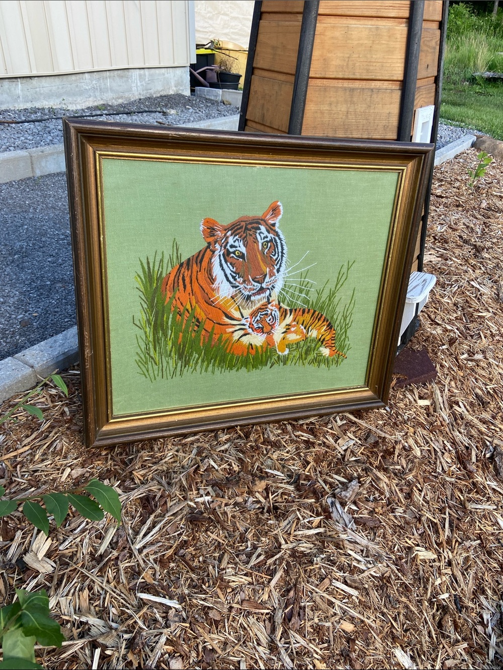 1970s Crewel Needlecraft “ Where’s PaPa?” Framed Tiger & Cub
